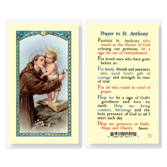 Saint Anthony and child laminated Holy Card.– Patrick Baker and Sons